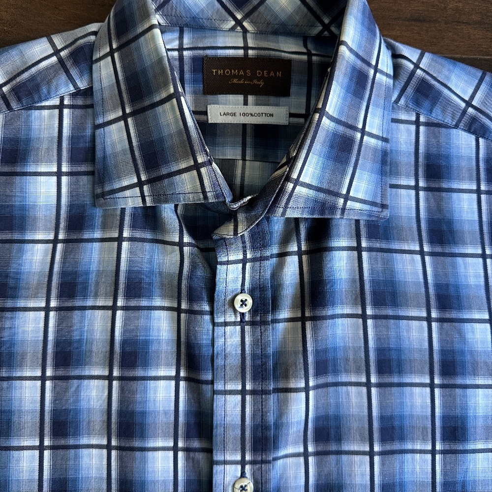Thomas Dean Blue Black Long Sleeve Plaid Shirt Sz L